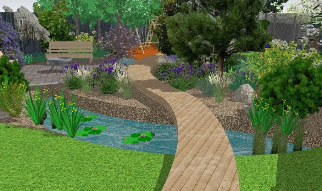 Garden with rain swale, pond and board walk in Canterbury Kent